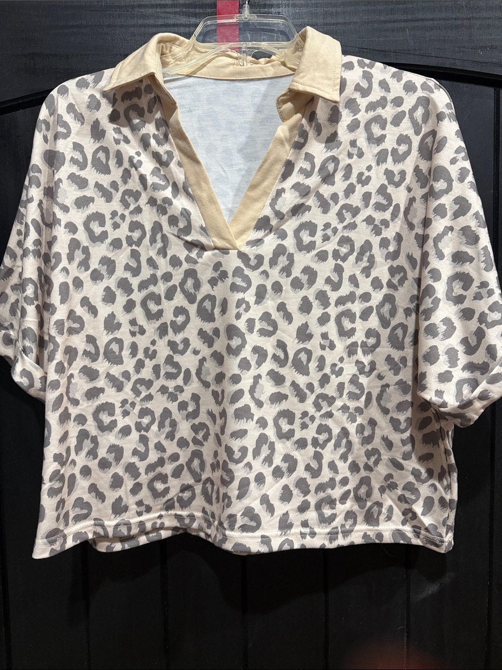 Women’s Leopard Print Polo Top - Cream & Gray